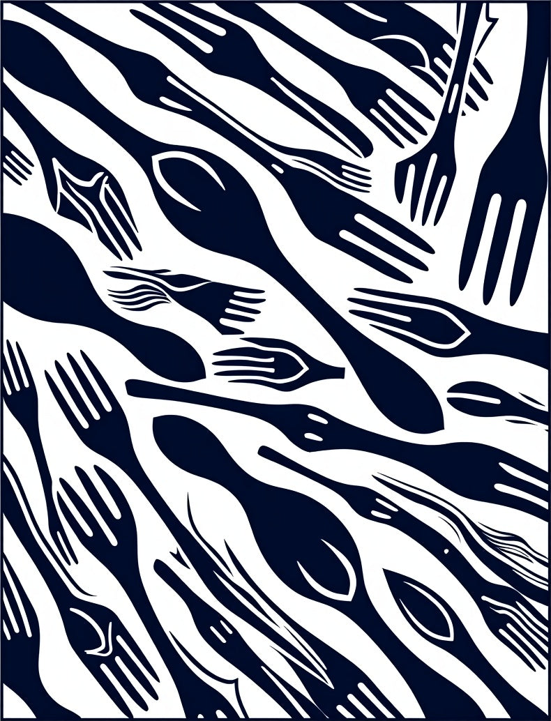 Dark Blue Utensil Collage Graphic Rug