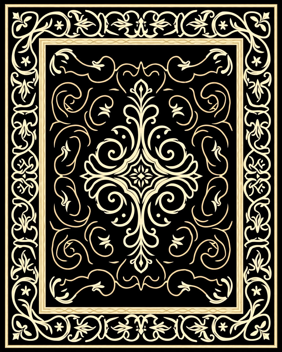 Elegant Black Gold Floral Scroll Rug