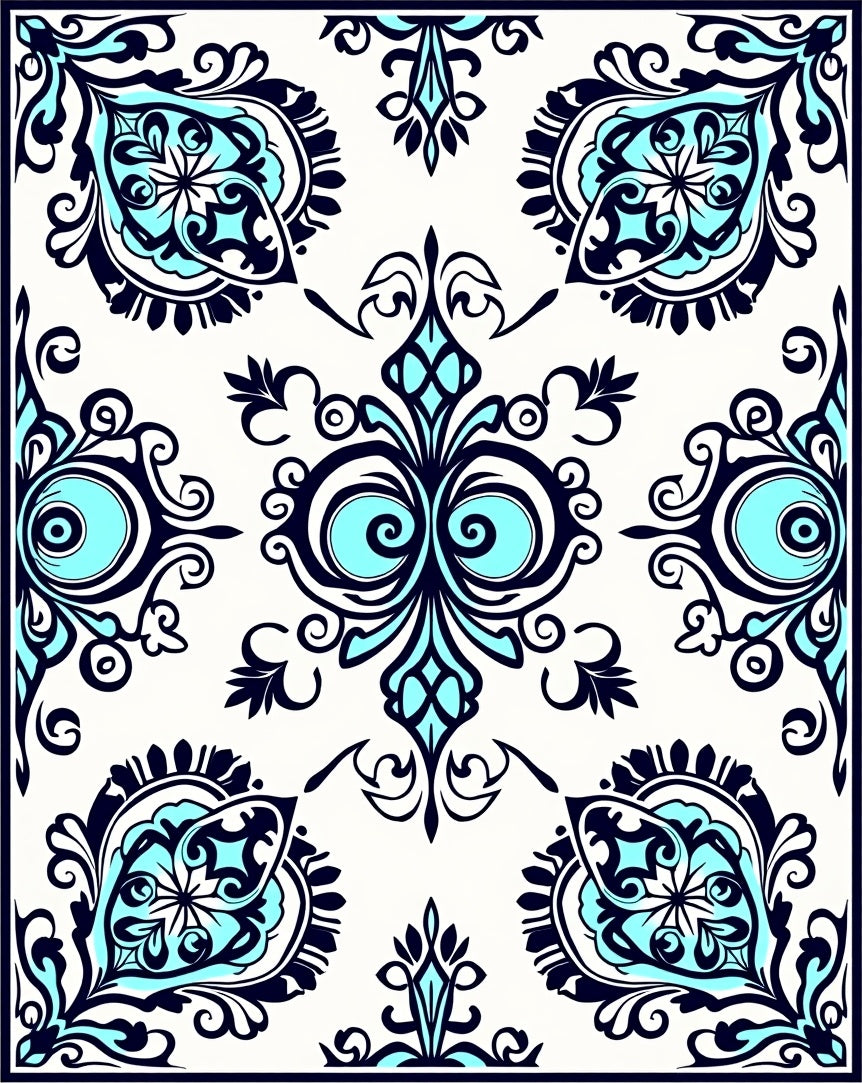 Intricate Teal Navy Floral Design Rug