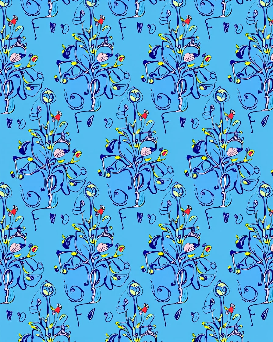 Whimsical Blue Floral Art Nouveau Design Rug