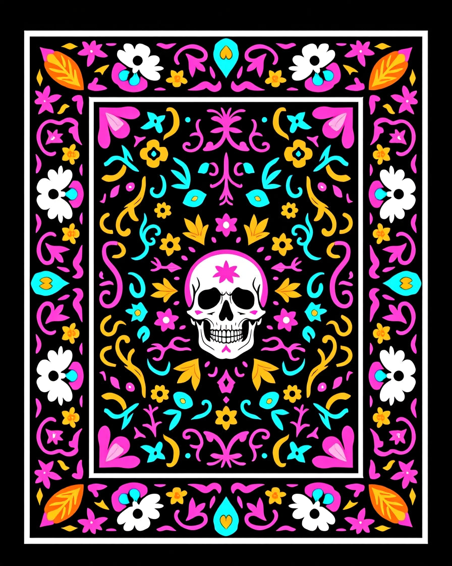 Black Skull Floral Folk Art Rug