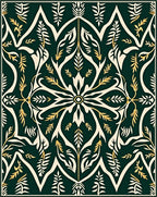 Dark Green Cream Gold Floral Pattern Rug