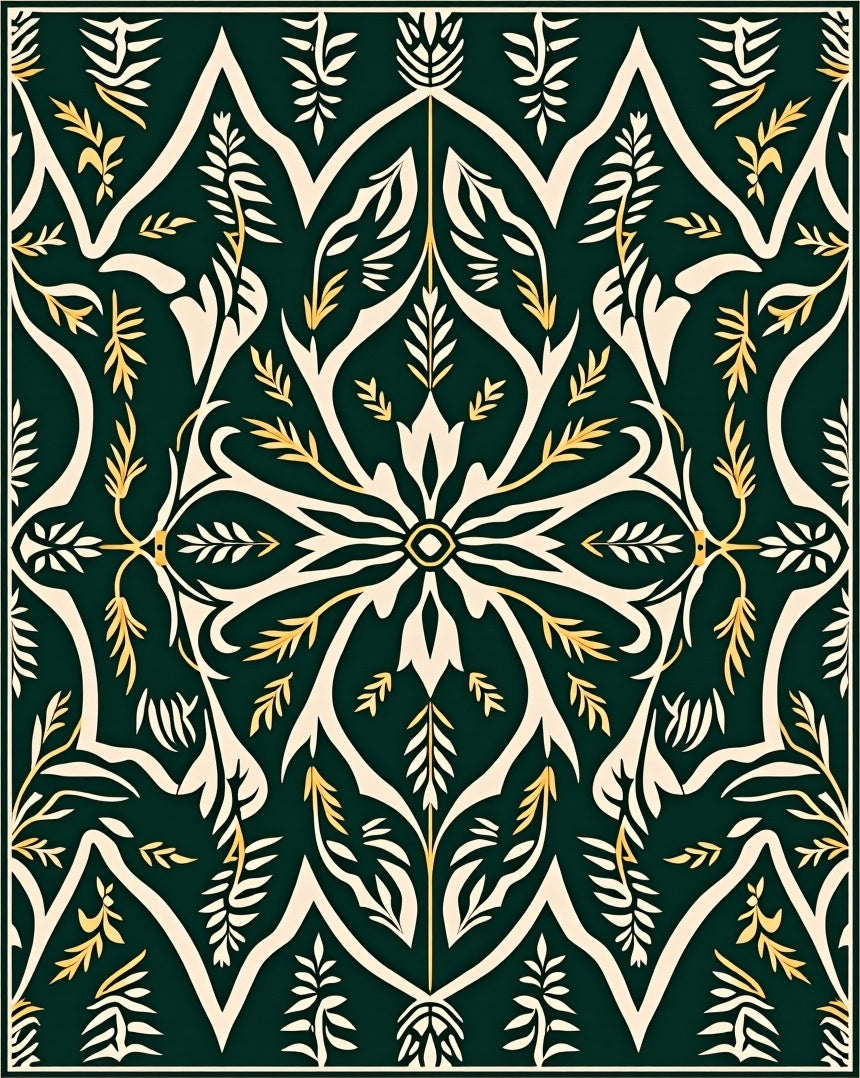 Dark Green Cream Gold Floral Pattern Rug