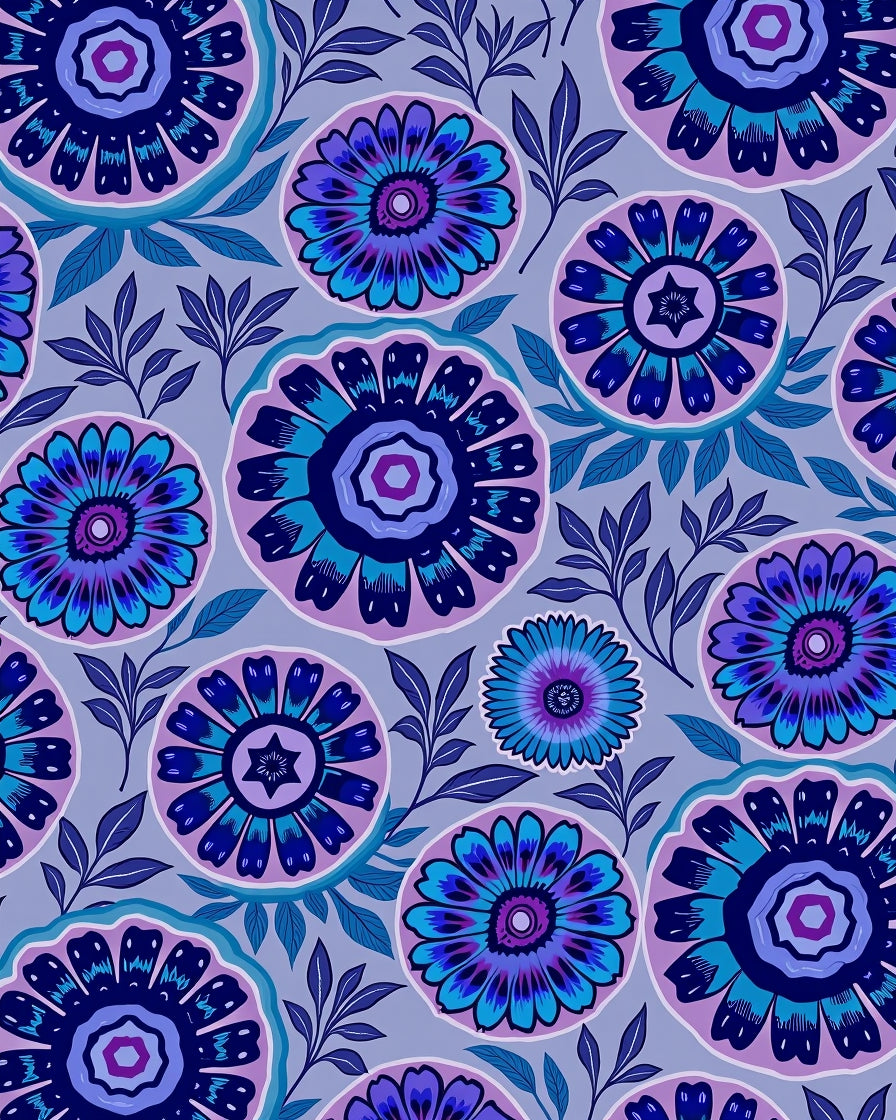 Vibrant Blue Purple Floral Pattern Rug