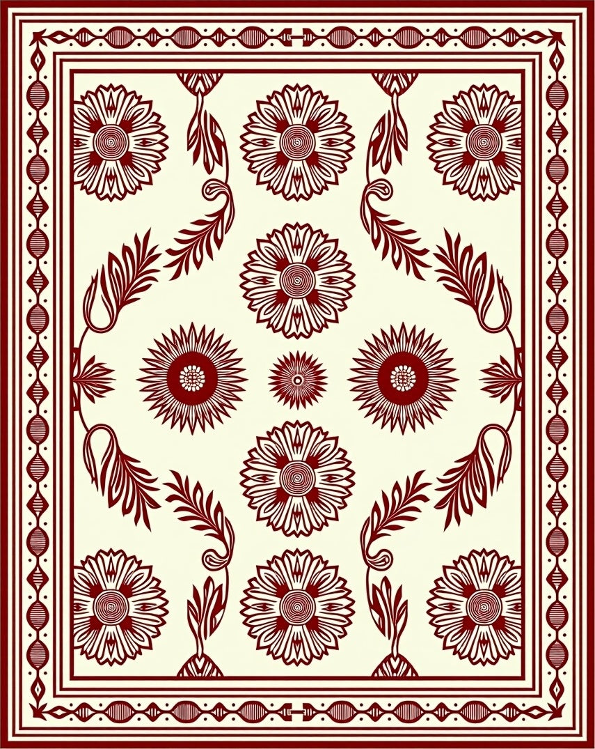 Ornate Red Floral Border Design Rug
