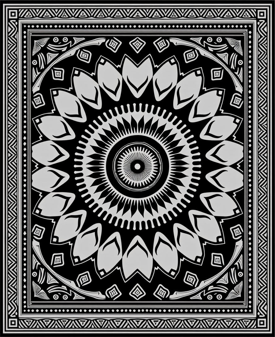 Black White Mandala Geometric Design Rug
