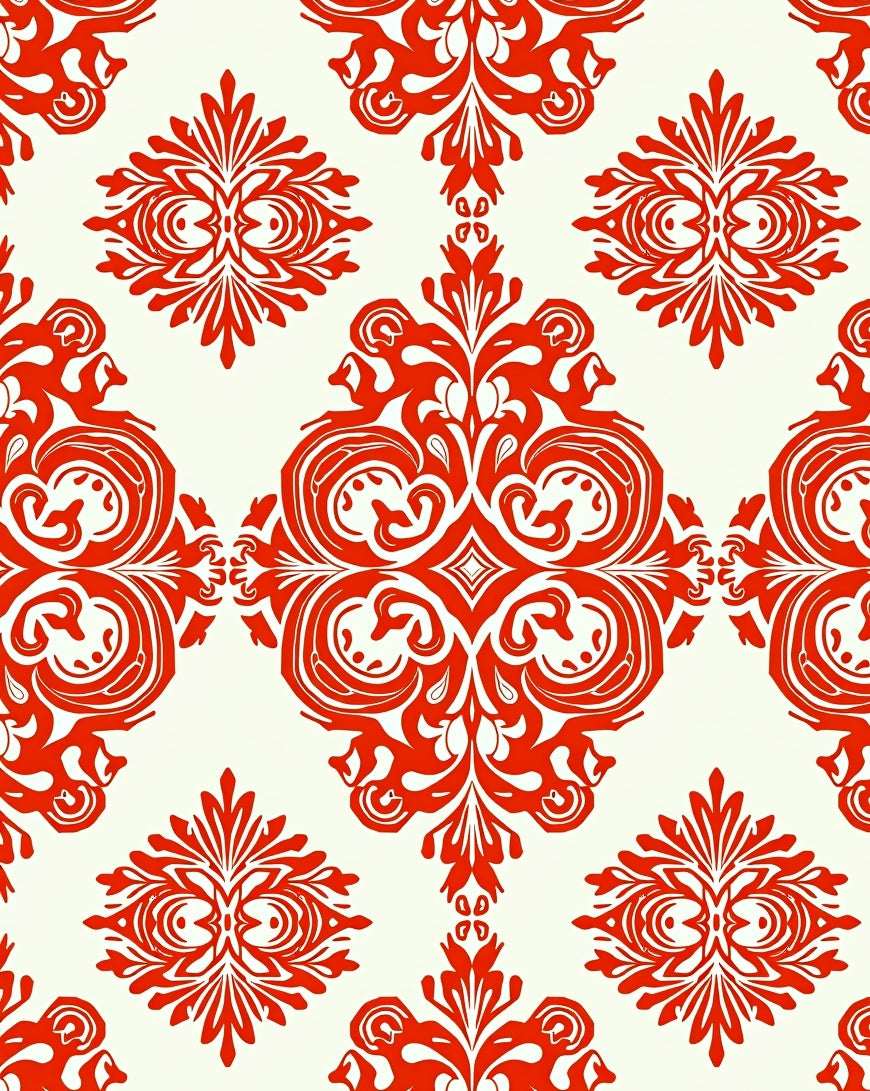 Classic Red Ivory Damask Pattern Rug