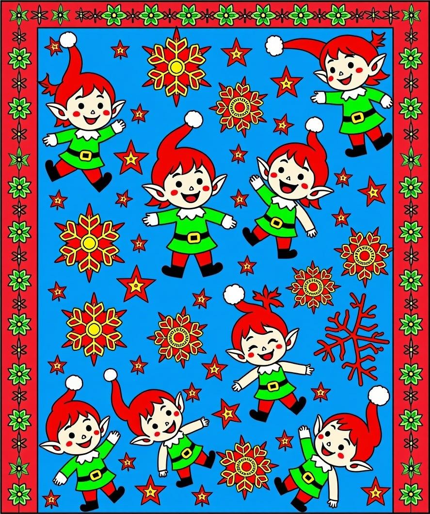 Festive Elves Red and Green Snowflakes Rug
