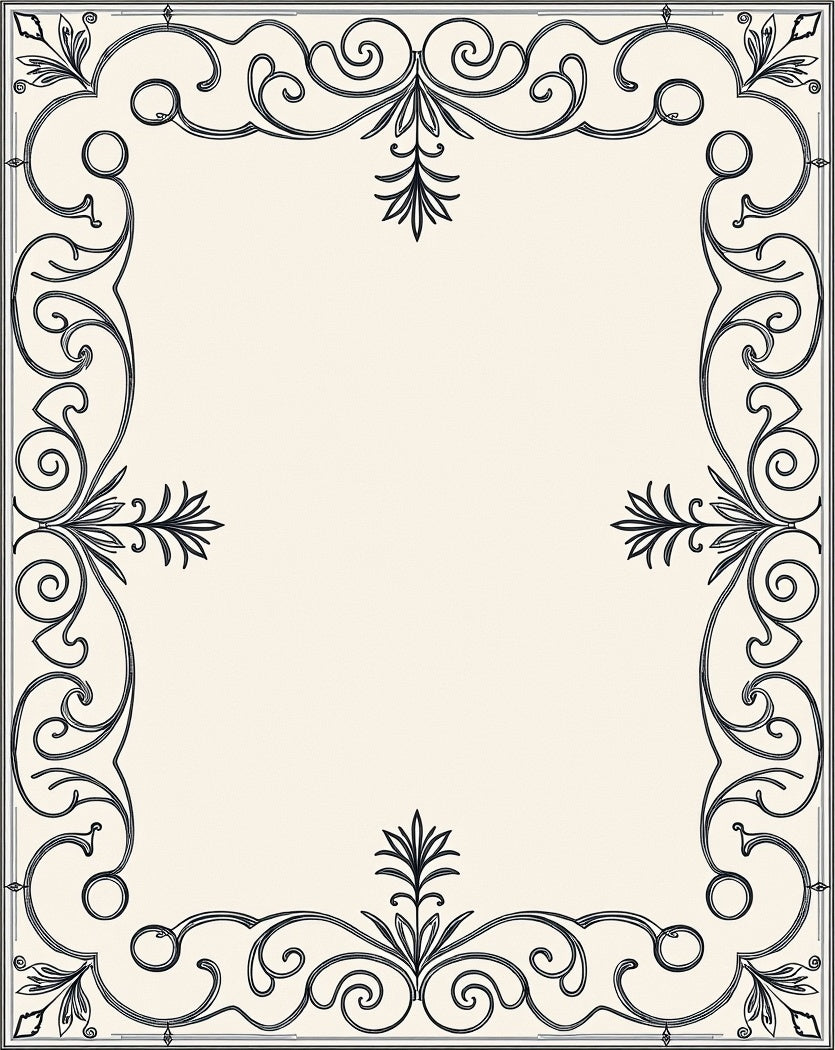 Ornate Black Scrollwork Elegant Border Rug