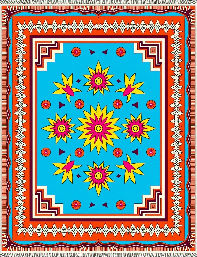Vibrant Turquoise Floral Medallion Border Rug
