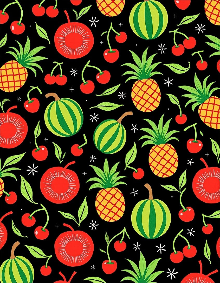 Whimsical Fruit Pattern Black Background Rug