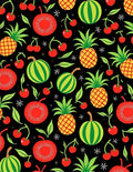 Whimsical Fruit Pattern Black Background Rug