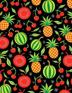 Whimsical Fruit Pattern Black Background Rug