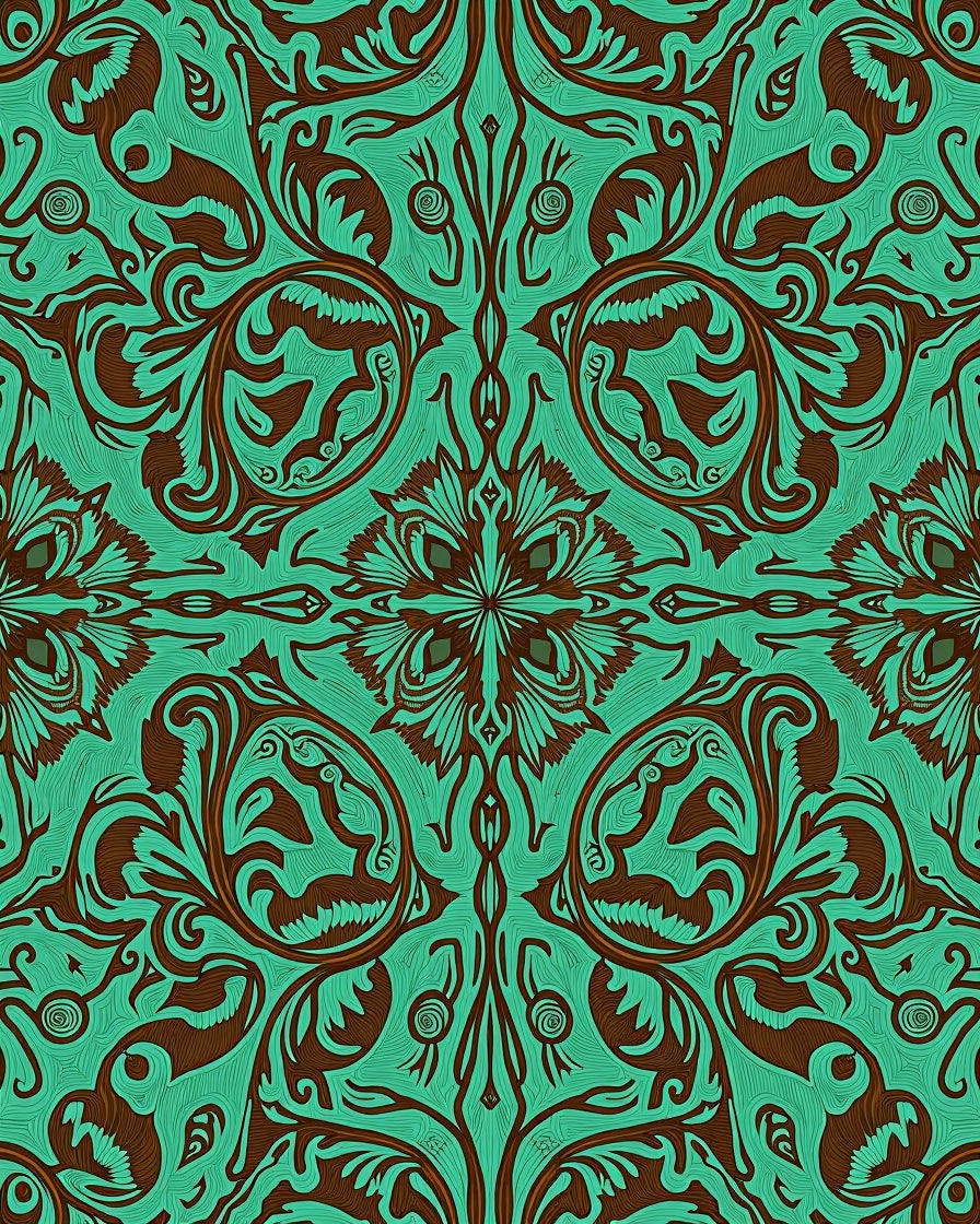 Turquoise Brown Floral Scroll Medallion Rug
