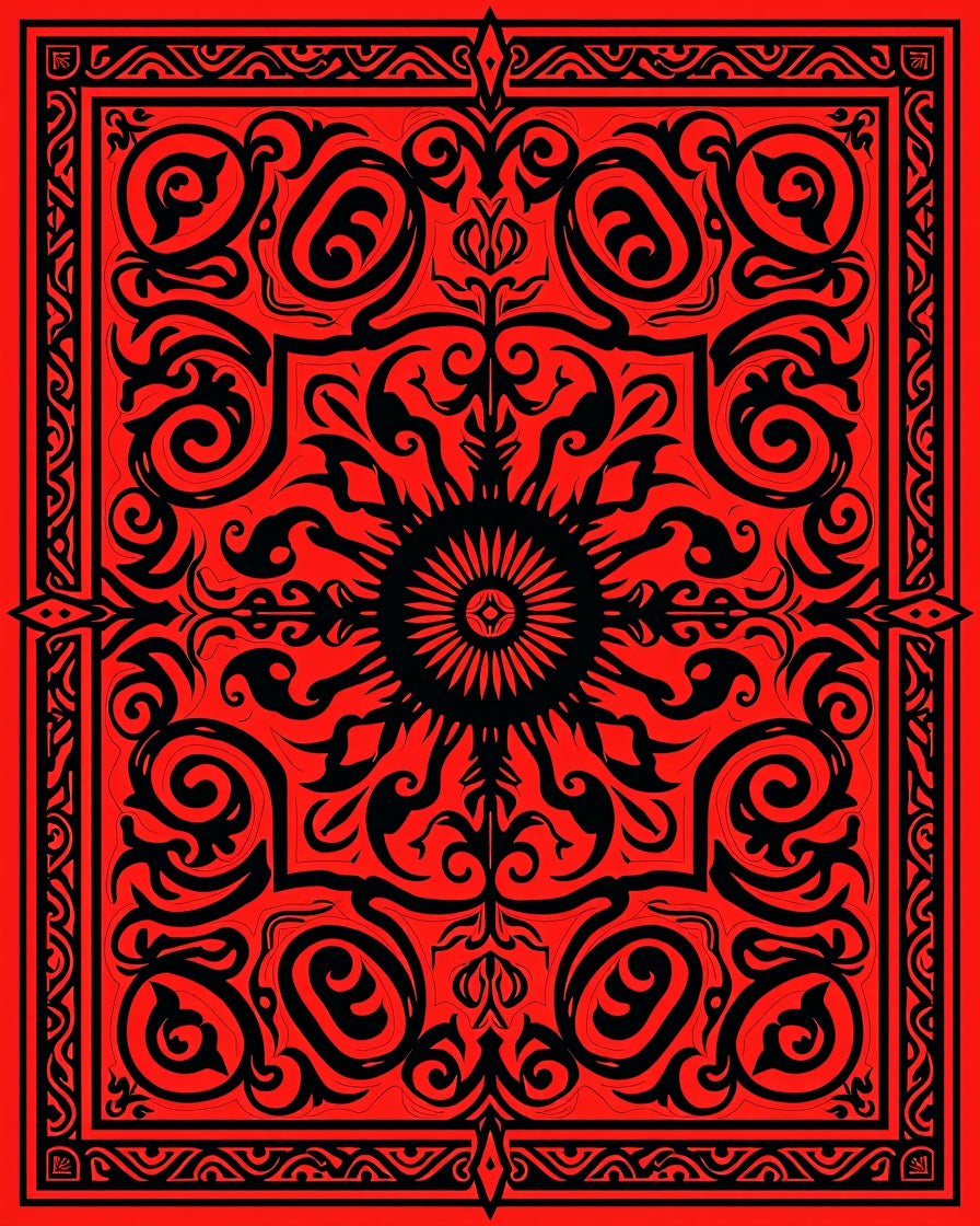 Bold Red Black Swirl Floral Pattern Rug