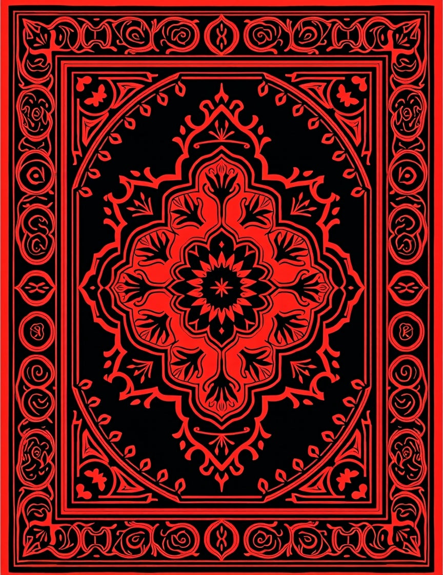 Ornate Floral Medallion Red Black Rug