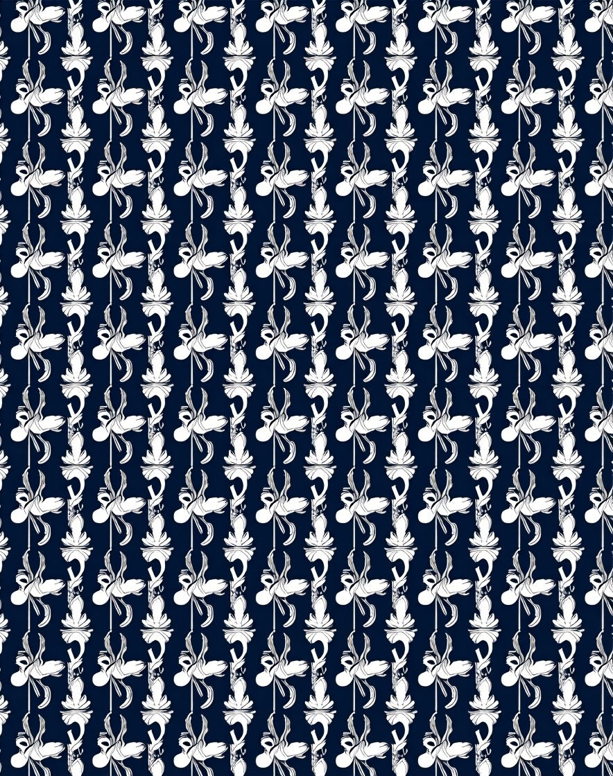 Dark Navy White Floral Scroll Pattern Rug