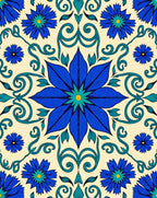 Vibrant Blue Floral Scrollwork Pattern Rug