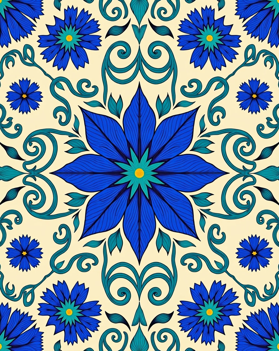Vibrant Blue Floral Scrollwork Pattern Rug