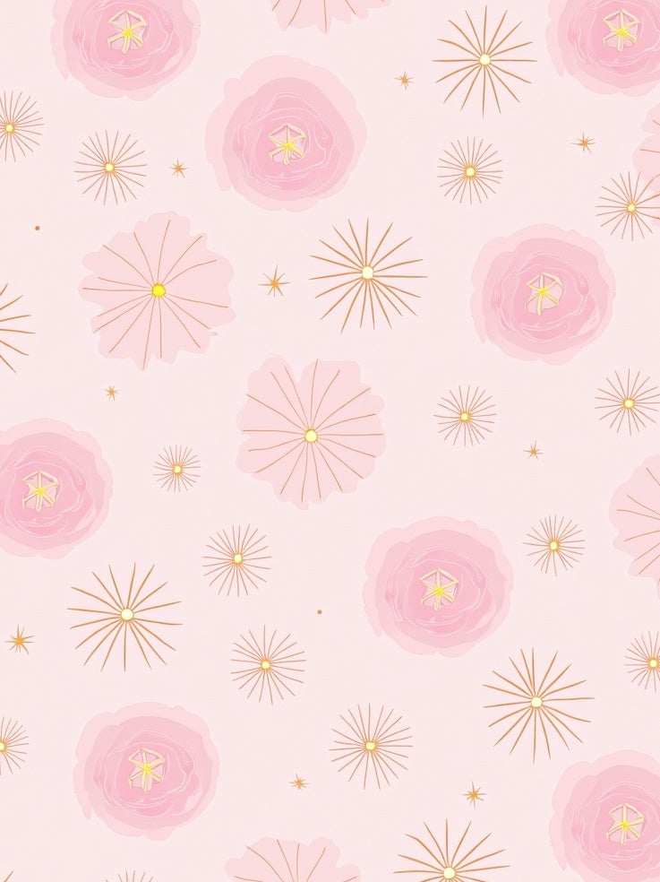 Whimsical Pink Floral Gold Starburst Rug