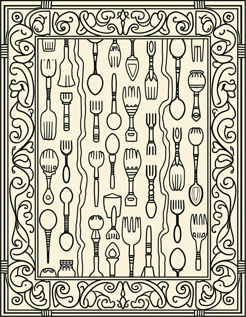 Whimsical Black Utensils Ornate Frame Rug