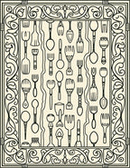 Whimsical Black Utensils Ornate Frame Rug