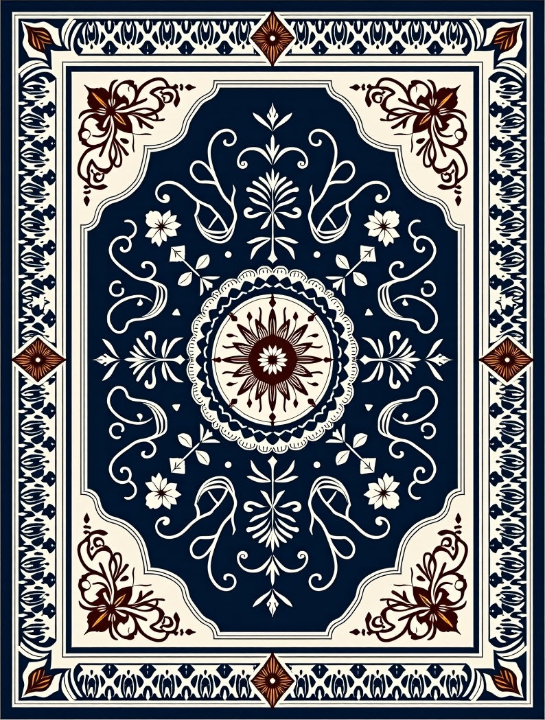Intricate Dark Blue Floral Medallion Rug
