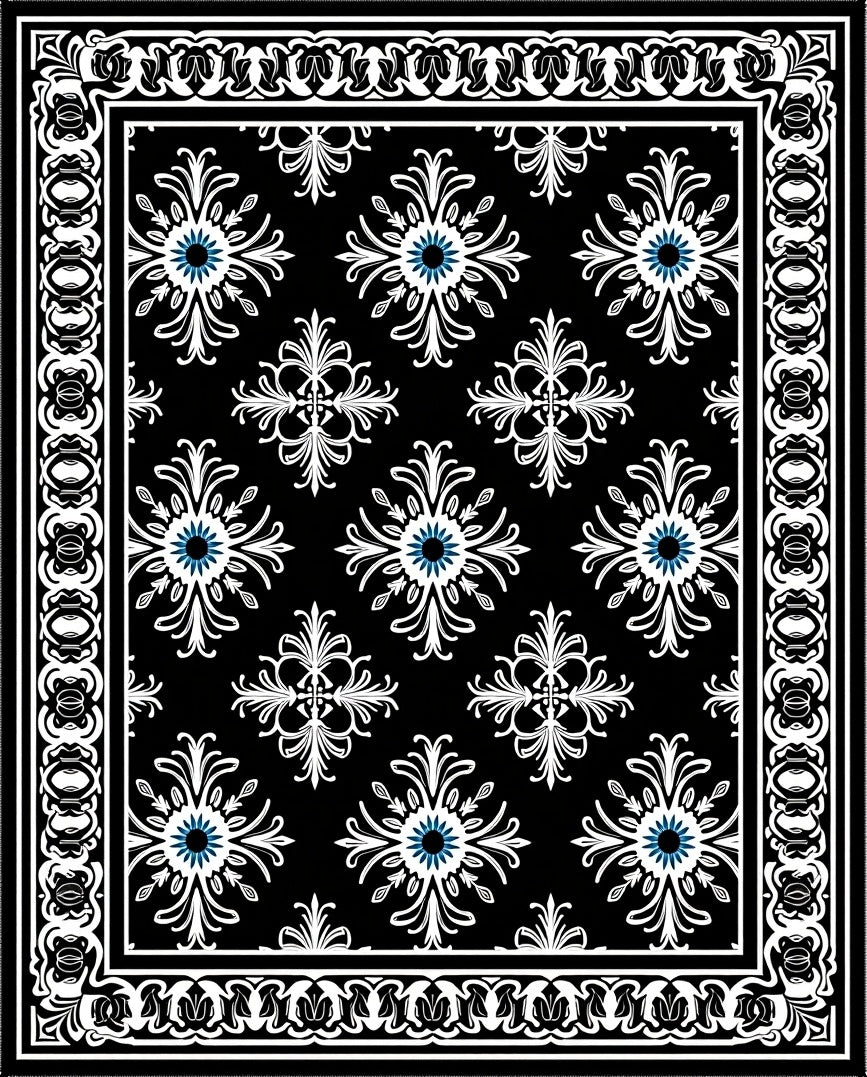 Classic Black White Floral Medallion Rug