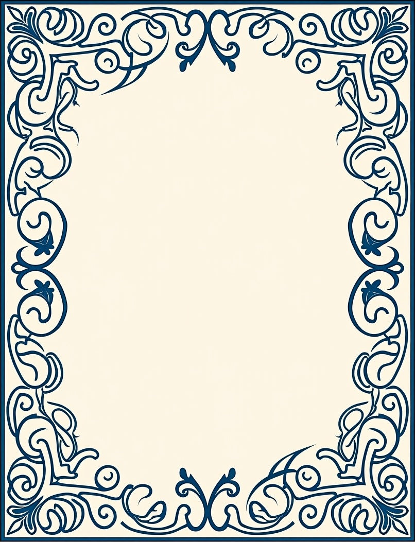 Intricate Dark Blue Scrollwork Border Design Rug