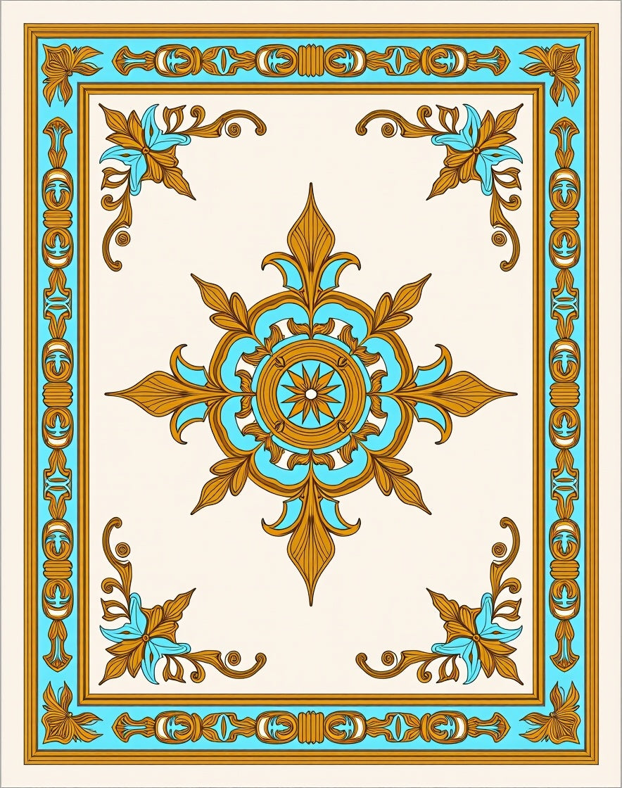 Ornate Aqua Gold Floral Centerpiece Rug
