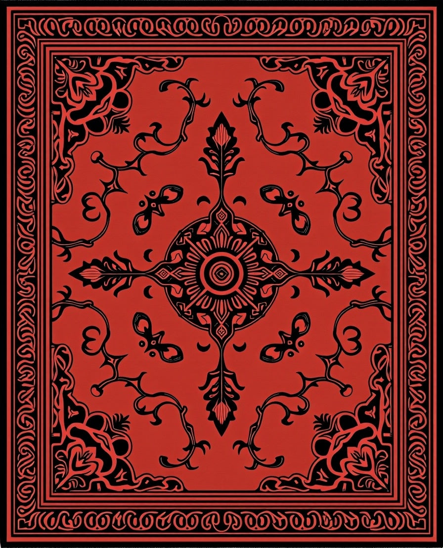 Classic Black Red Floral Mandala Rug