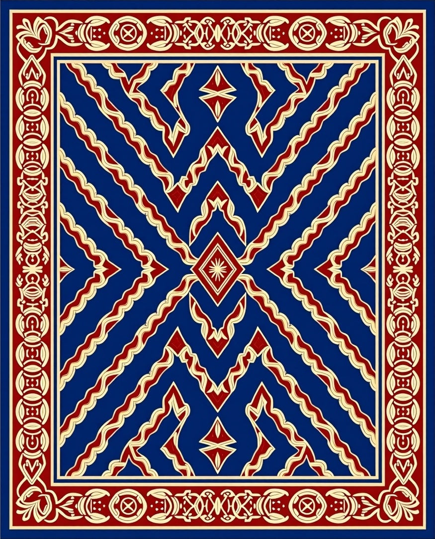 Rich Blue Red And Gold Geometric Design Rug