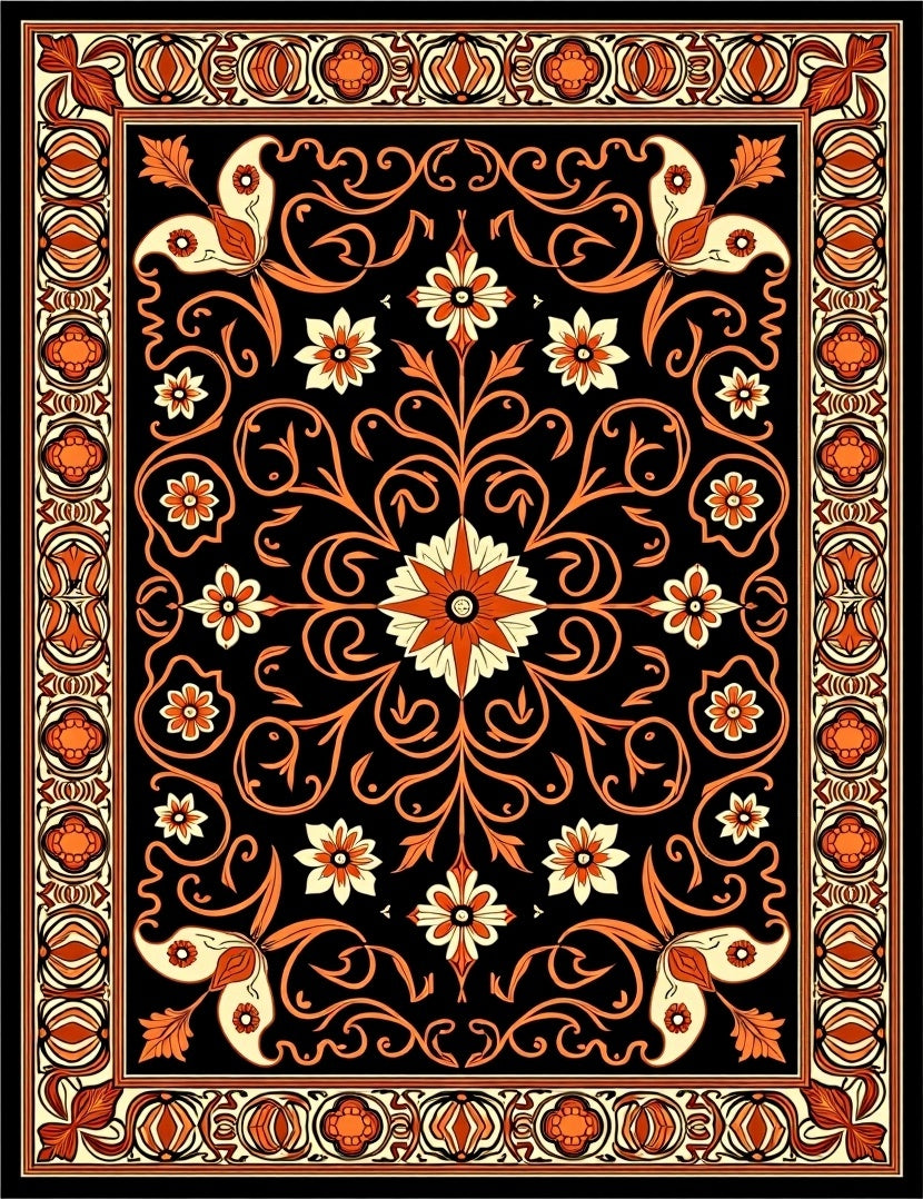 Black Orange Floral Scroll Border Rug