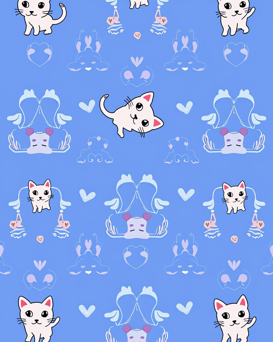 Playful White Cats Hearts Pattern Rug