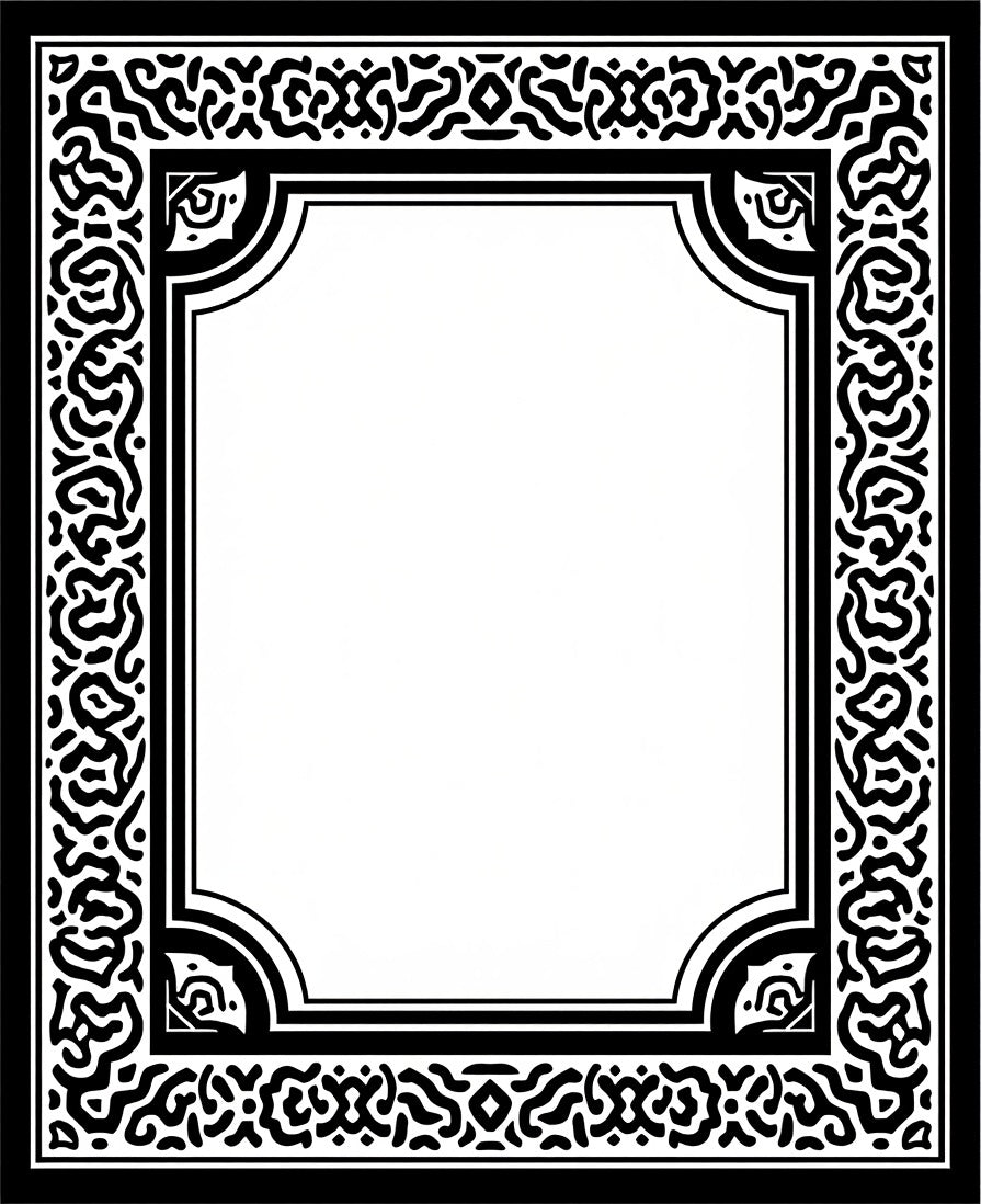 Intricate Black White Scroll Frame Design Rug