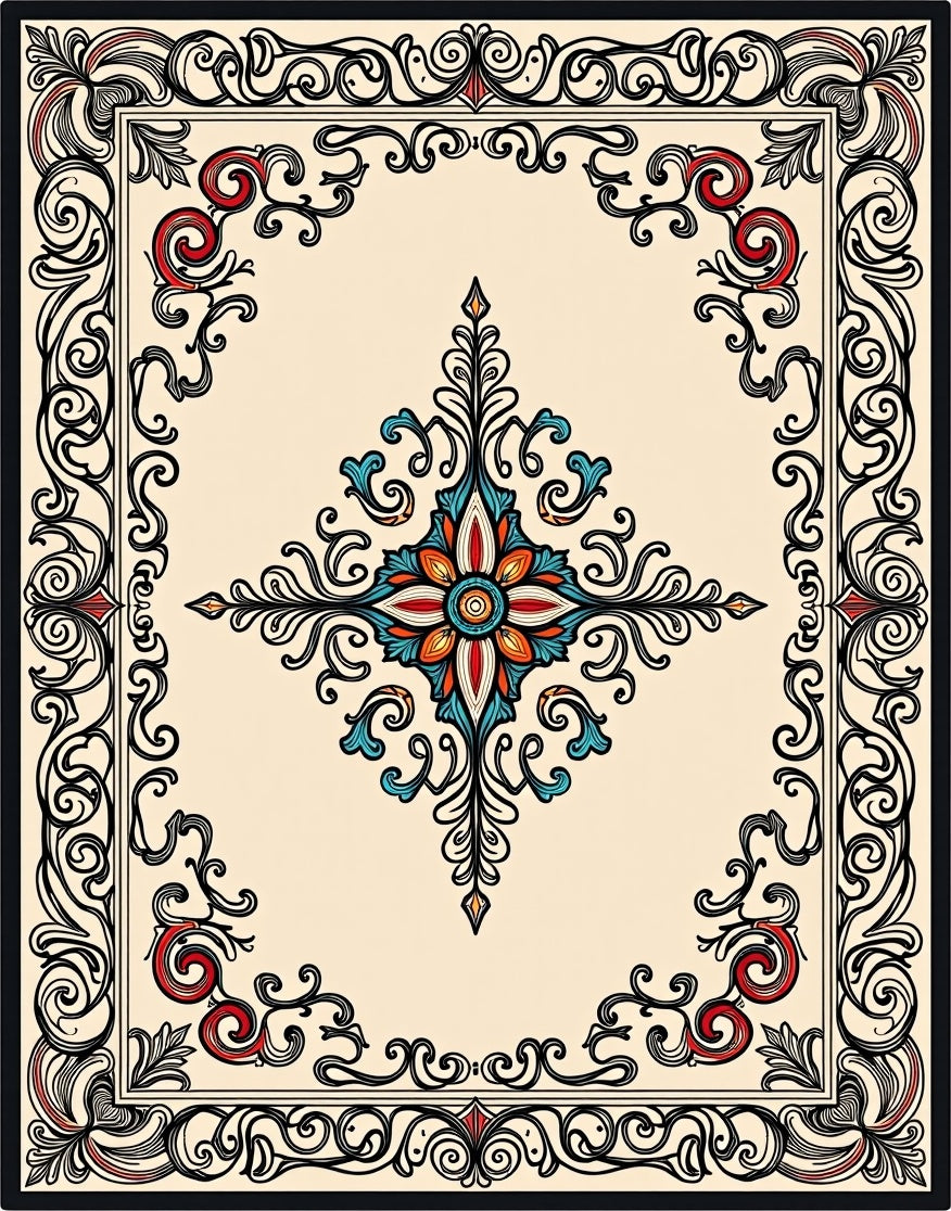 Ornate Floral Medallion Border Design Rug