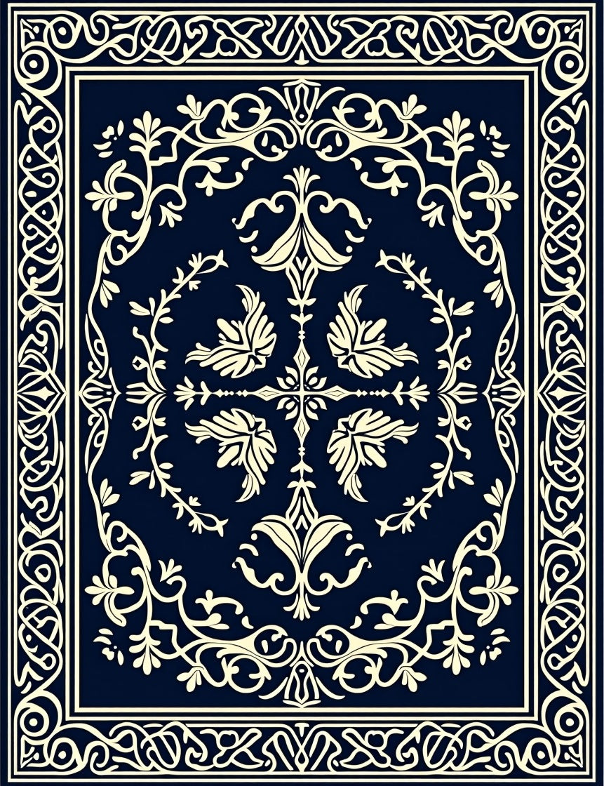 Dark Blue Cream Floral Scroll Rug