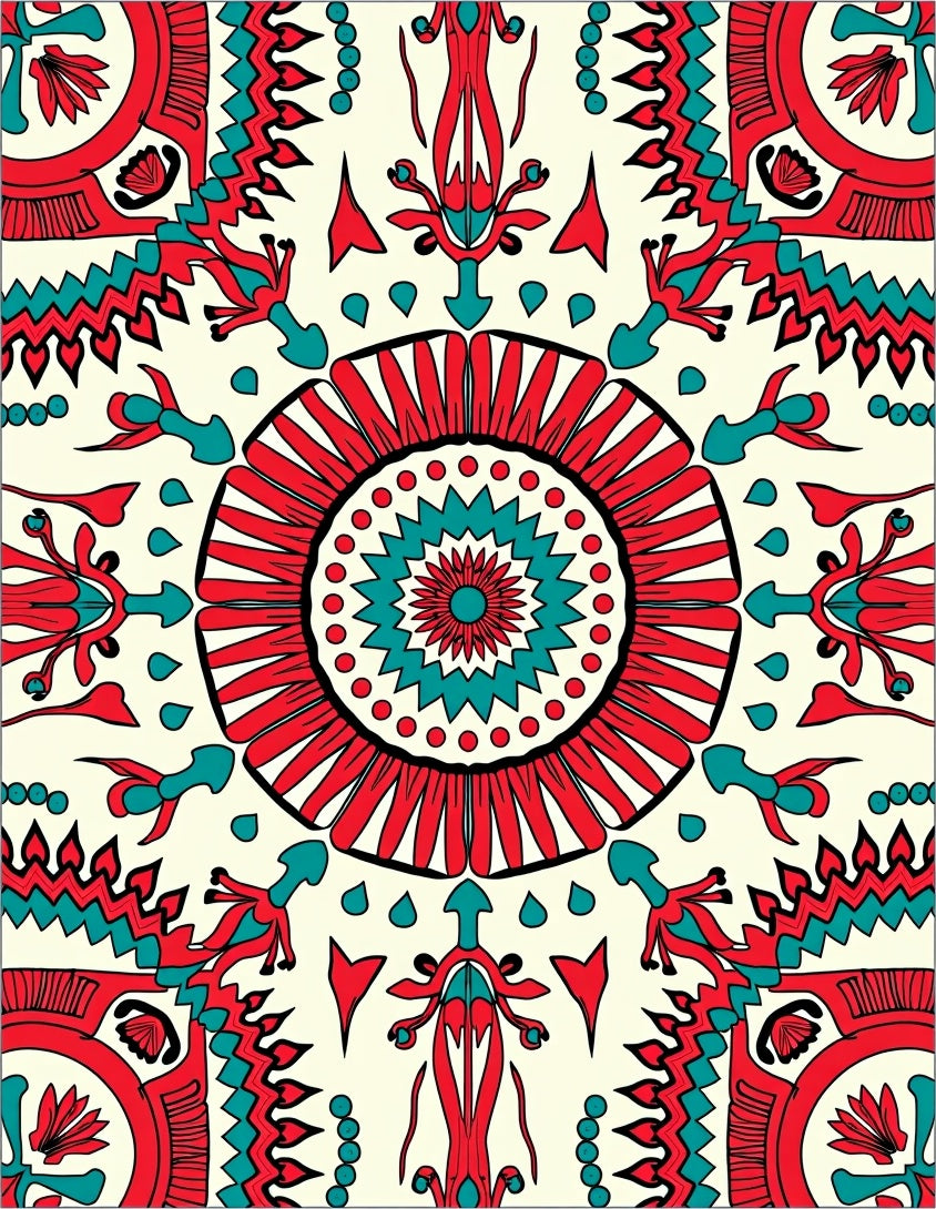 Vibrant Red Teal Sunburst Patterned Rug