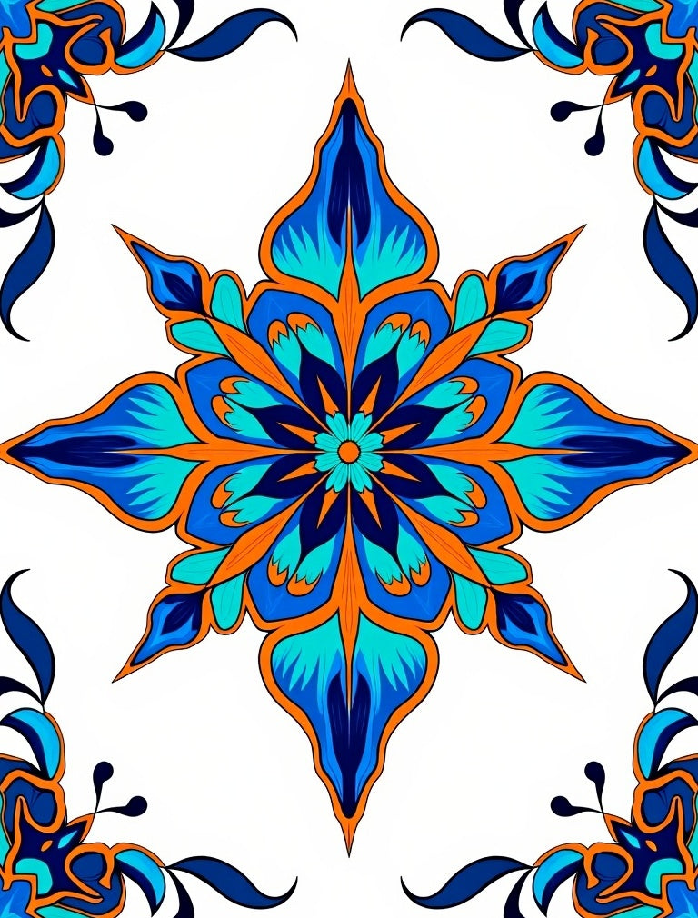 Ornate Blue Orange Floral Medallion Rug