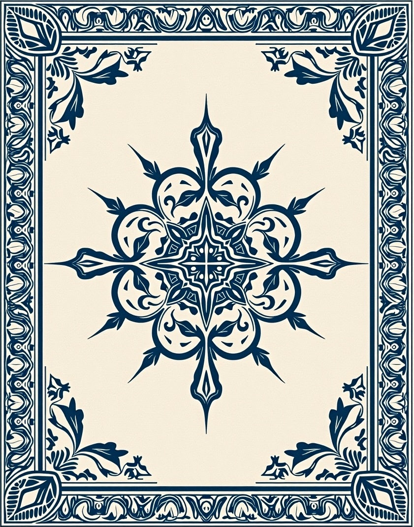 Intricate Scrollwork Star and Border Rug