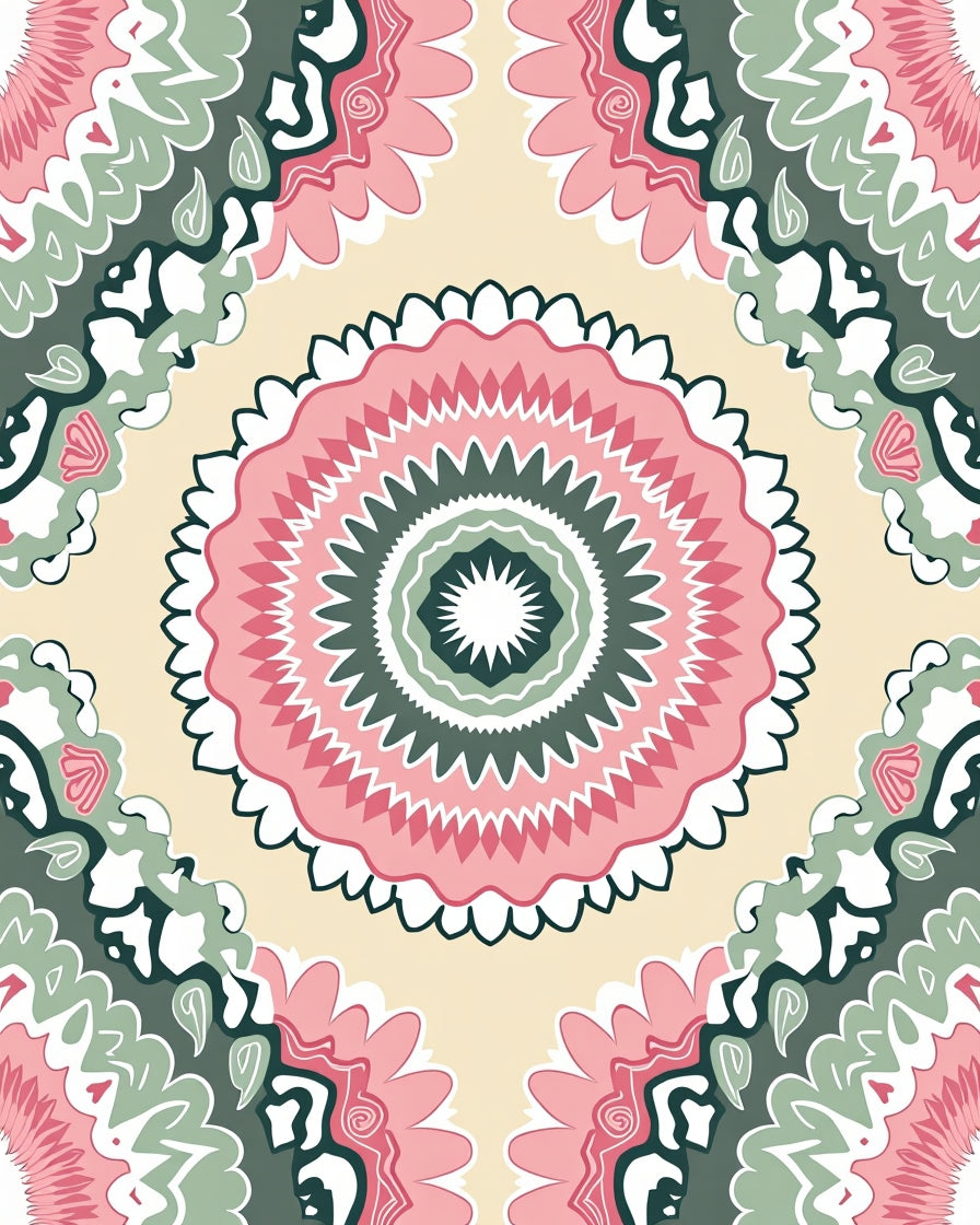 Mandala Inspired Pink Green Medallion Pattern Rug