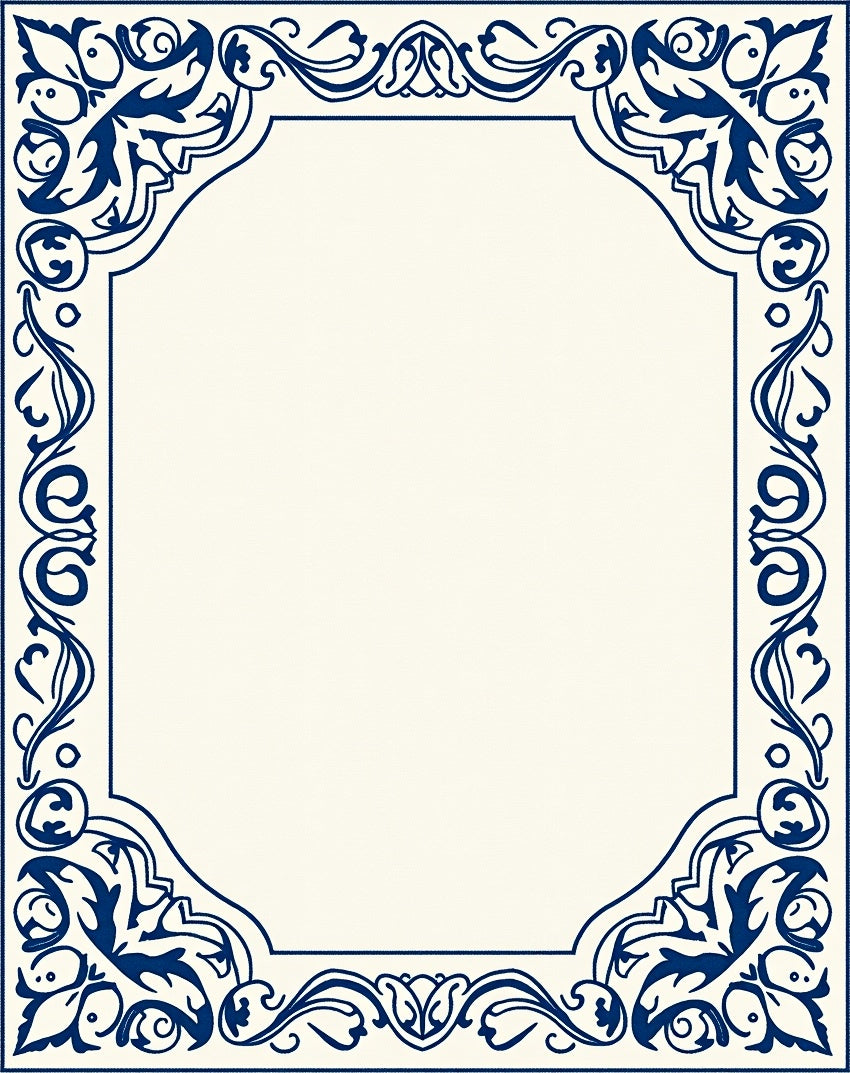 Ornate Blue Floral Scroll Border Design Rug