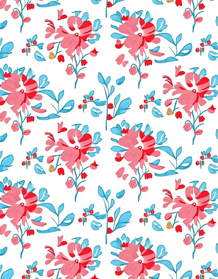 Vibrant Pink Floral Blue Leaf Pattern Rug