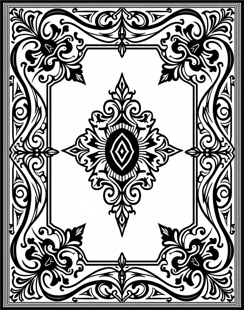 Ornate Black White Floral Scroll Work Rug