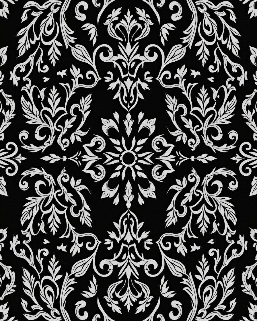 Black White Floral Damask Pattern Rug