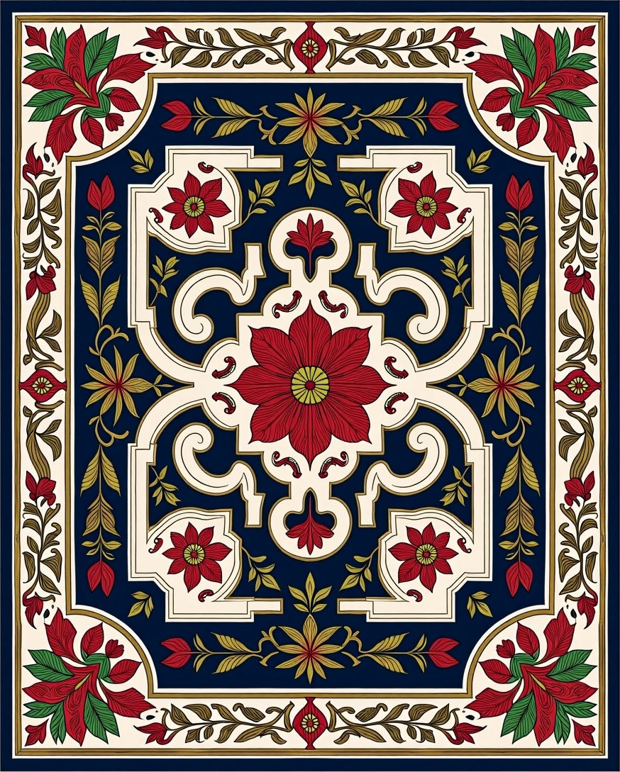 Rich Red Floral Garden Pattern Rug