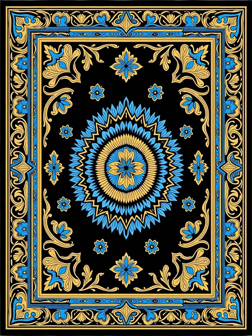 Golden Blue Floral Intricate Border Rug