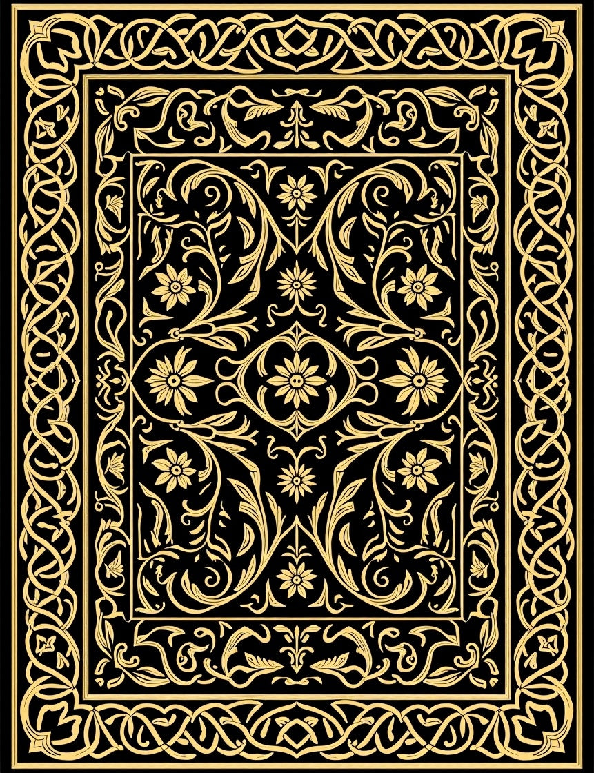 Black Gold Ornate Floral Design Rug