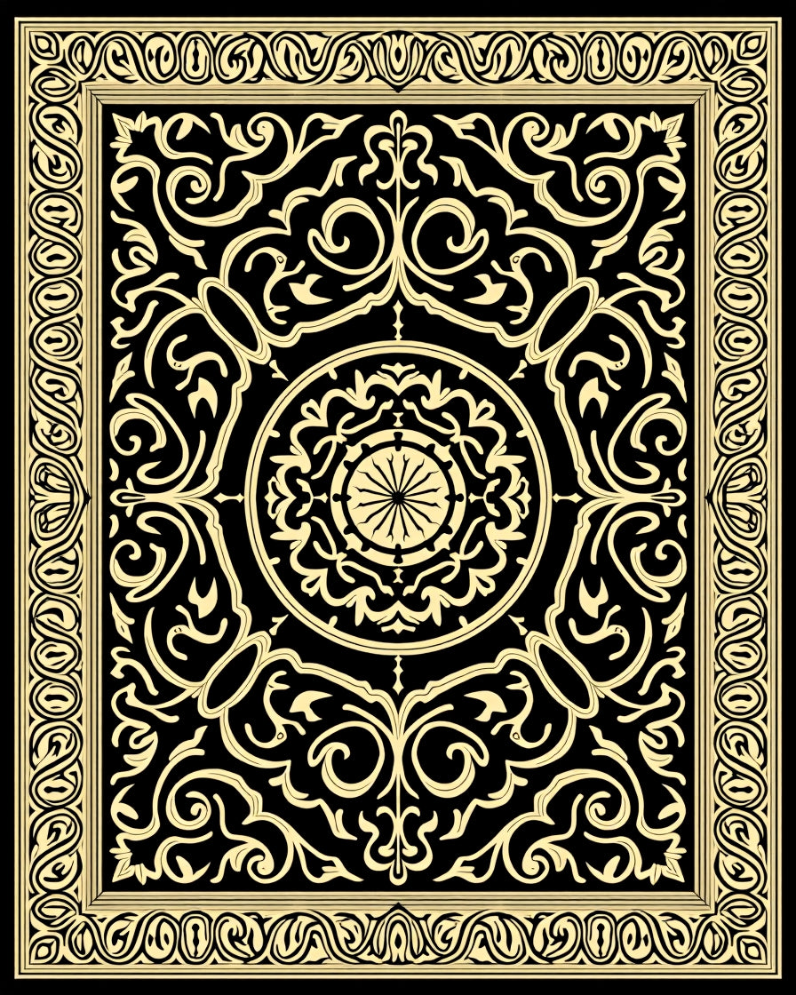 Ornate Black and Gold Damask Pattern Rug