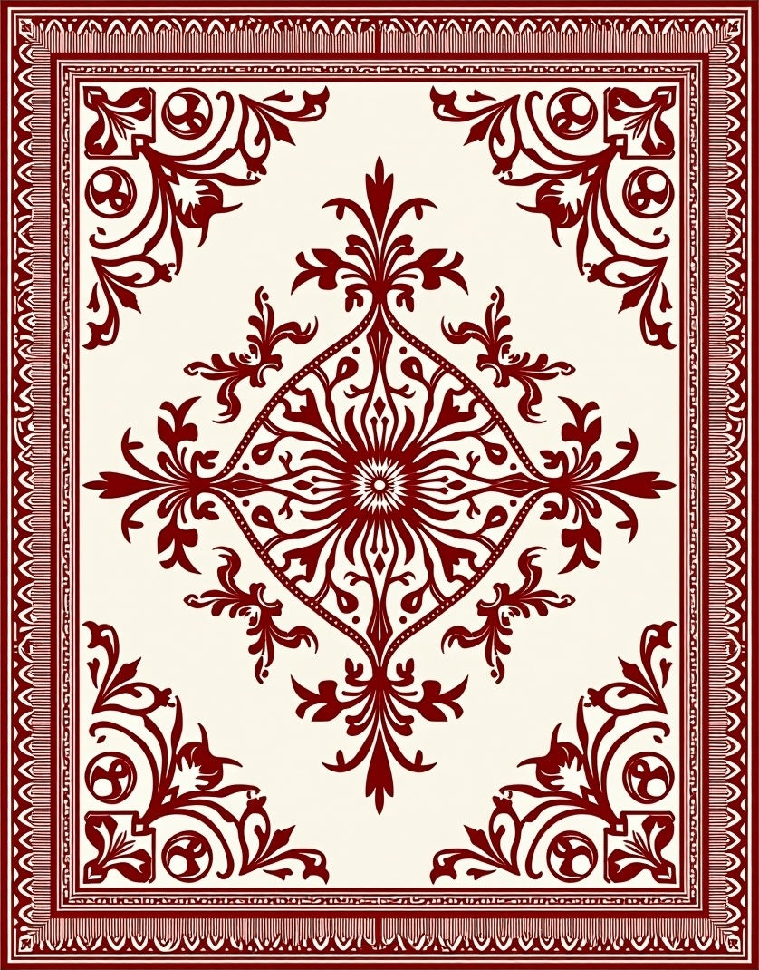 Deep Red Vintage Floral Border Rug